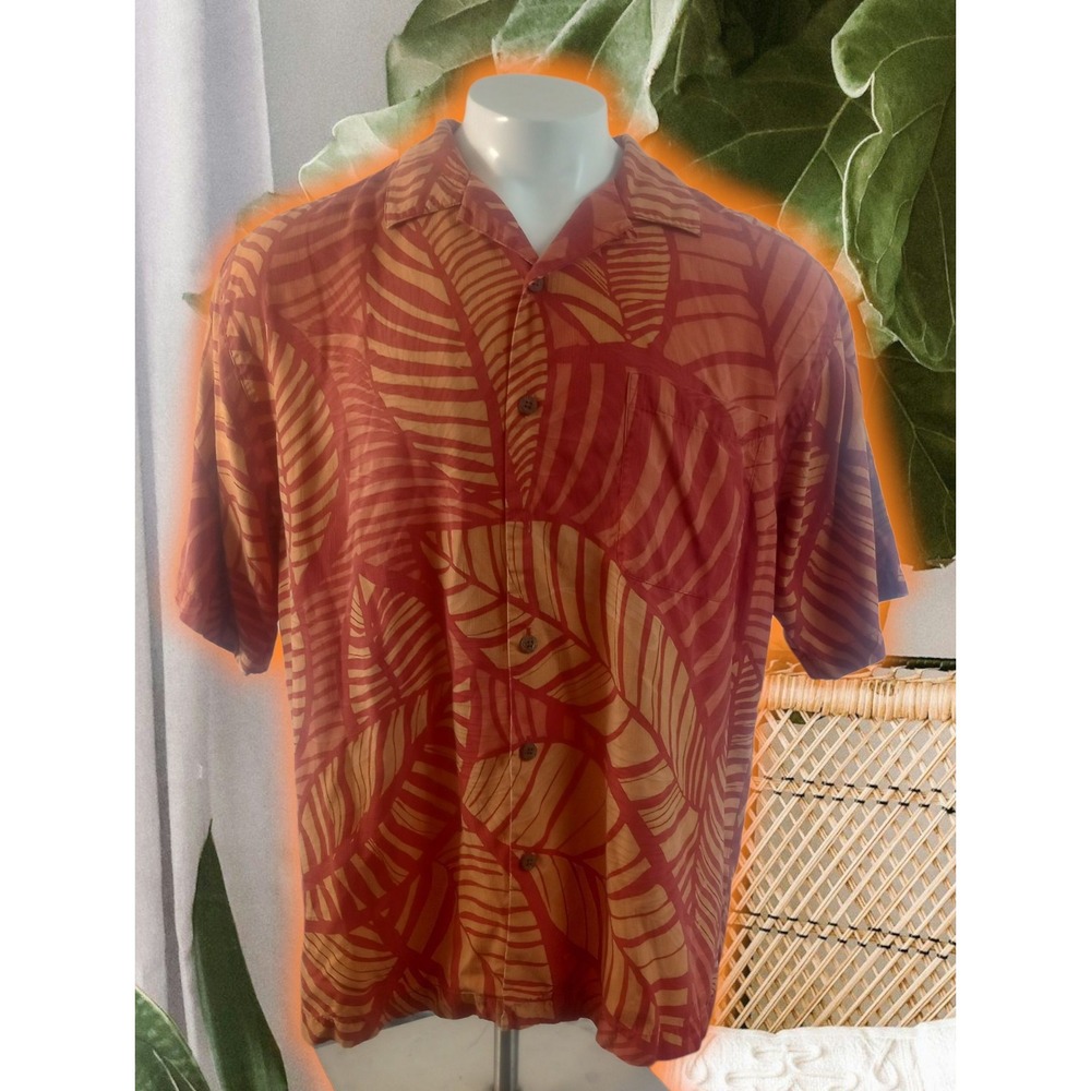 Tommy Bahama Shirt Mens L Beach Orange Red Silk Hawaiian Button Up Short Sleeve